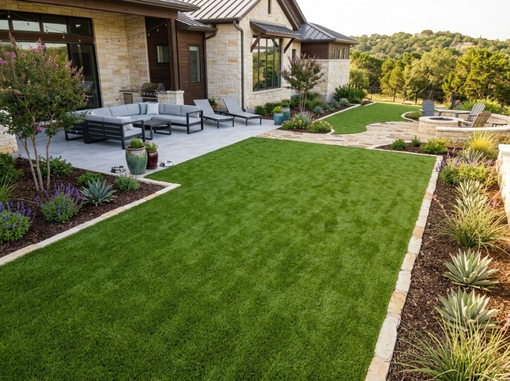 Crew installs K9 Comfort Turf artificial turf in a San Antonio, TX backyard, smoothing seams for a pet area.