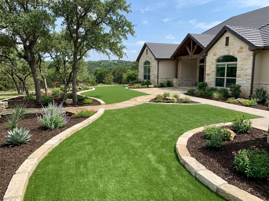 K9 Comfort Turf artificial turf installed in a San Antonio, TX yard, workers stretching and securing turf rolls
