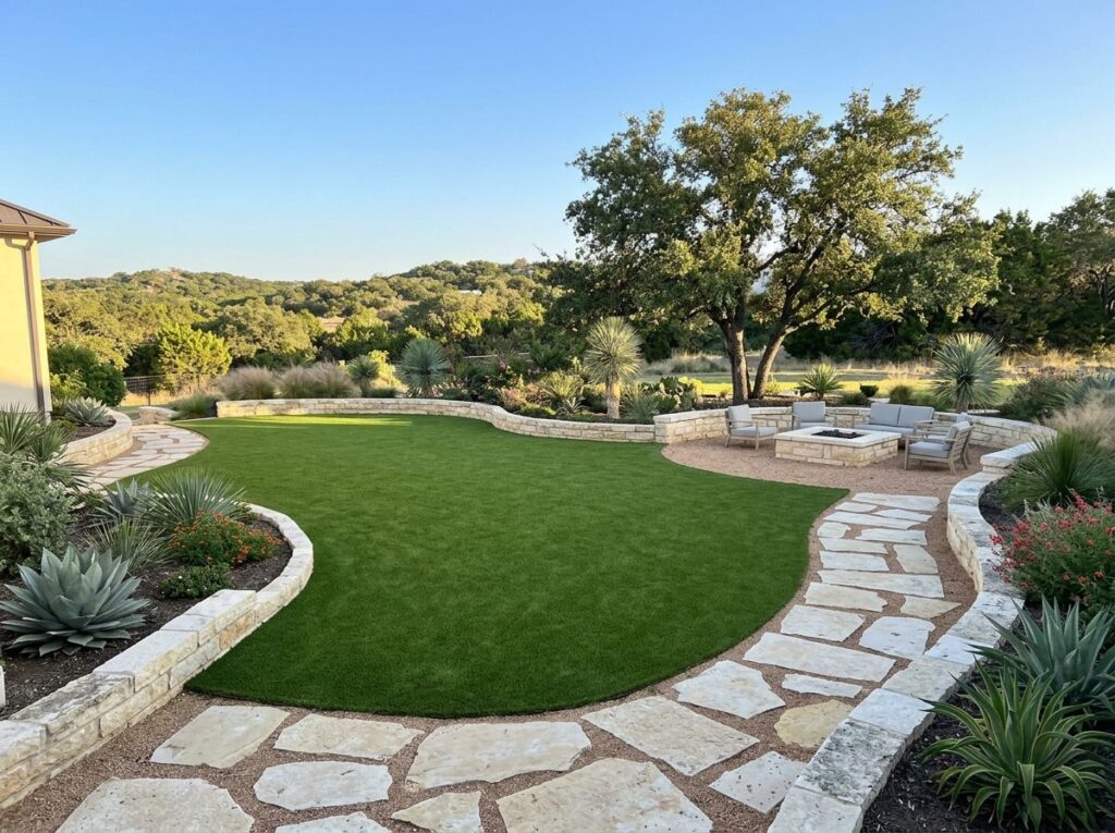 K9 Comfort Turf artificial turf installed in a backyard patio area in San Antonio, TX.