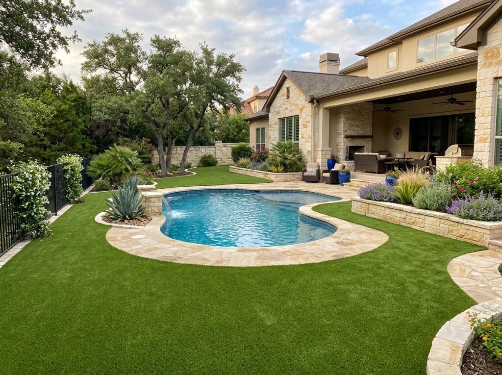 K9 Comfort Turf artificial turf installed in a backyard in San Antonio, TX, with workers smoothing seams
