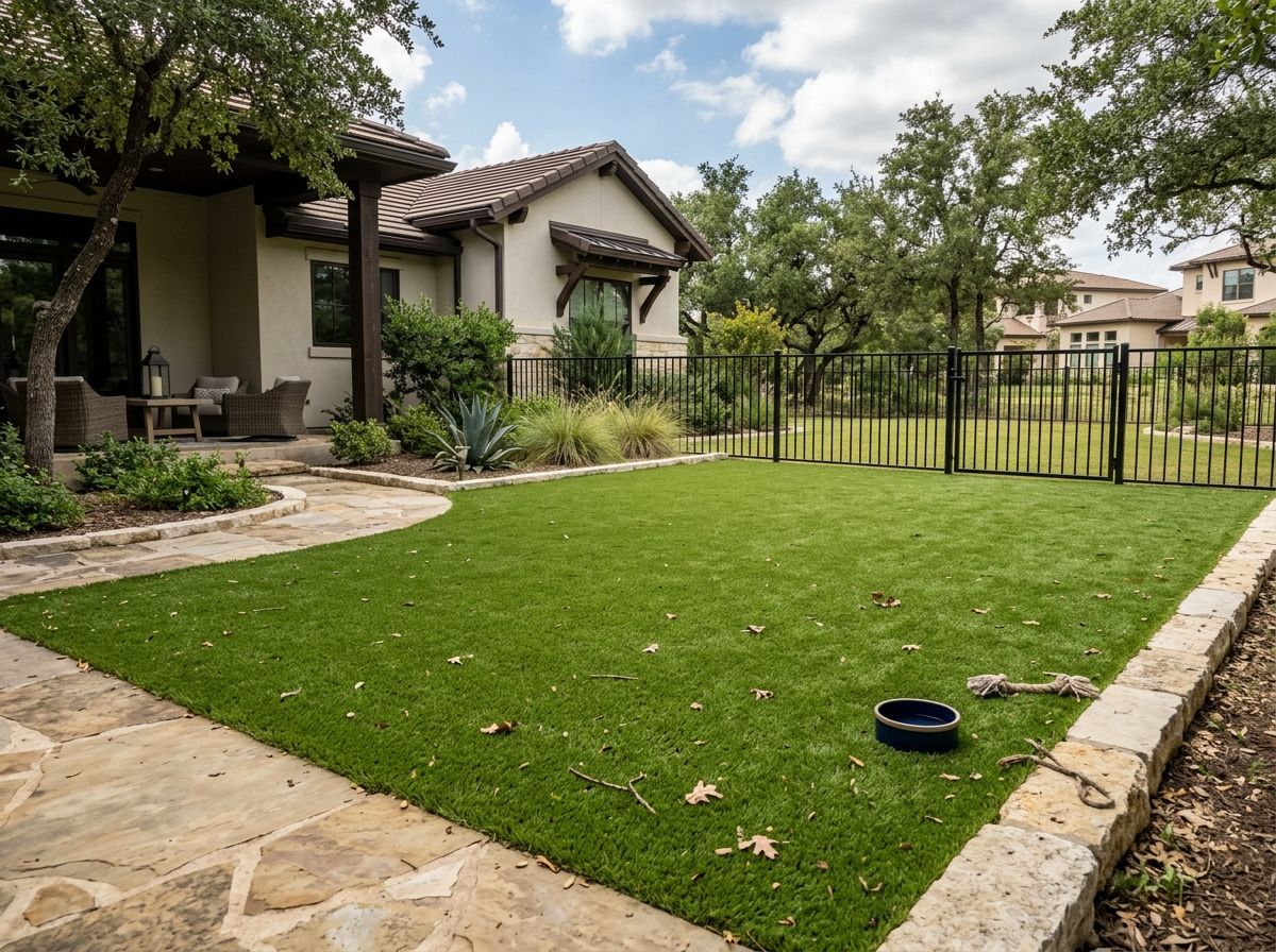 K9 Comfort Turf artificial turf installed in a San Antonio, TX yard as installers roll out and trim edges.