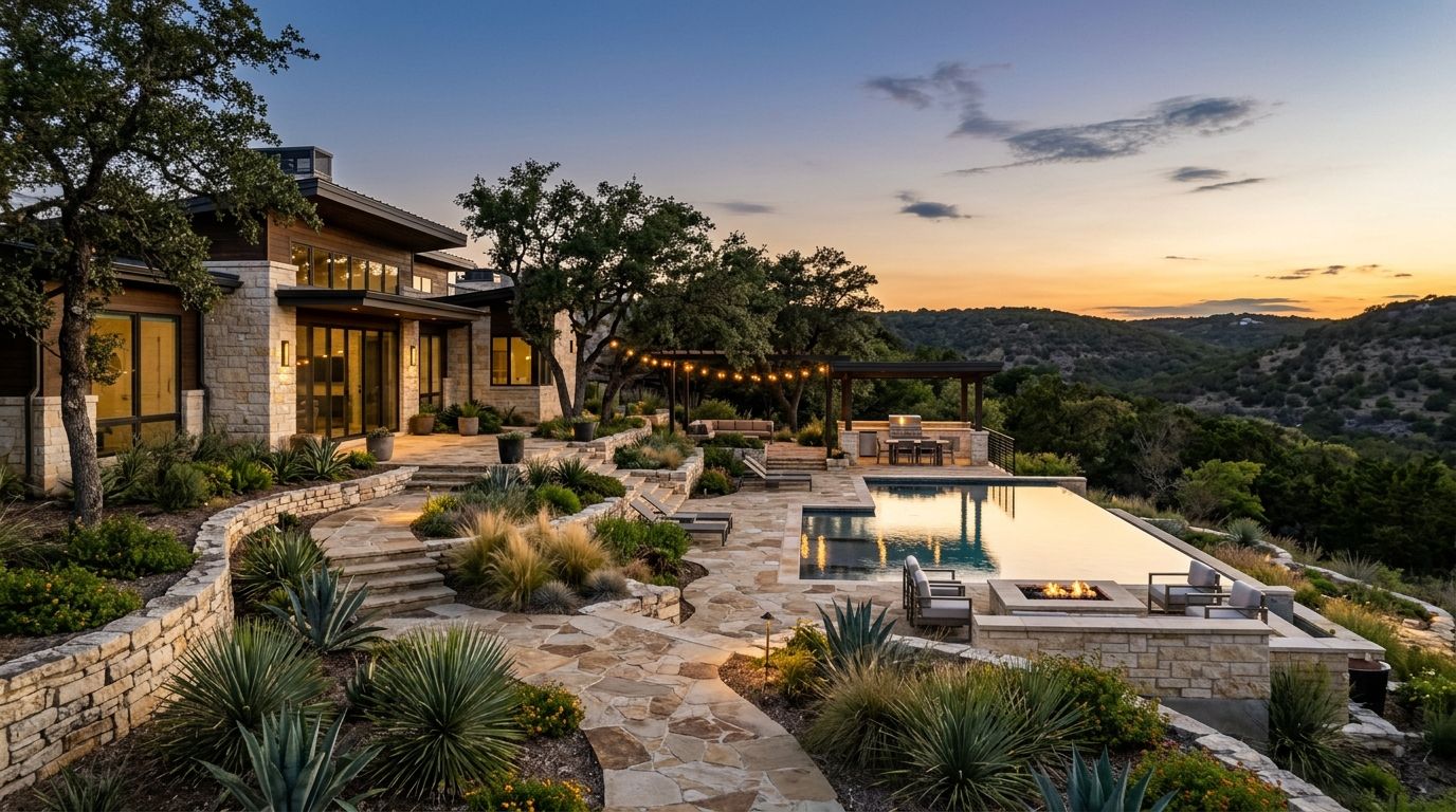 Modern Hill Country luxury home landscape installation with stone hardscape, native plants, and lighting