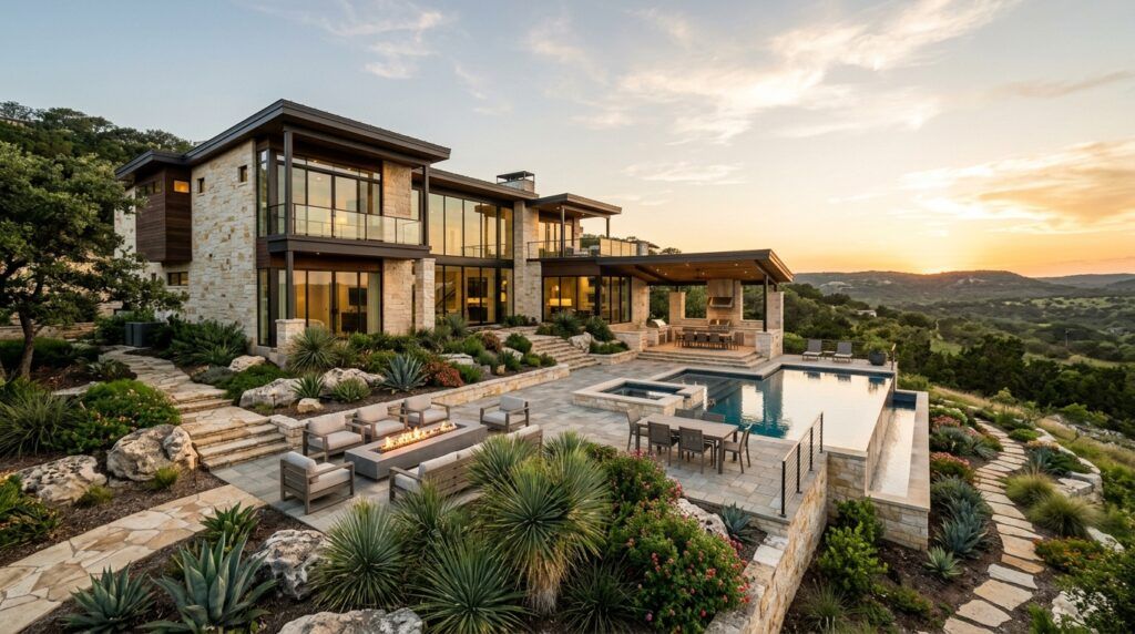 La Cantera modern Hill Country luxury home landscape with stone patio, native plants, and outdoor lighting