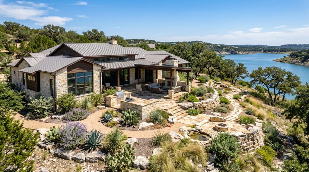 Lakehills Hill Country lakefront luxury home landscape installation with native plant beds and stone edging