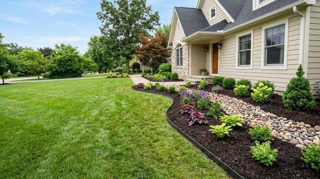 Fresh landscape bed with clean edging, mulch, and plants in a San Antonio yard.