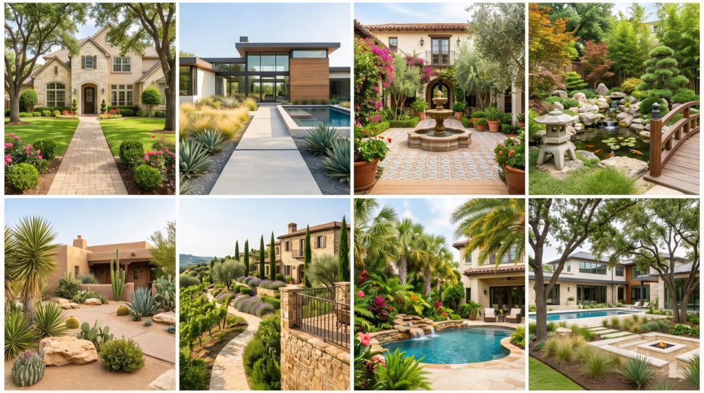 Collage of eight finished landscape scenes in a clean two‑row by four‑column layout showing traditional, contemporary, Spanish courtyard, Asian inspired, Southwestern, Mediterranean Tuscan, tropical, and blended custom styles, photographed in consistent daylight with balanced compositions and matching color grading for a cohesive overview of landscaping themes