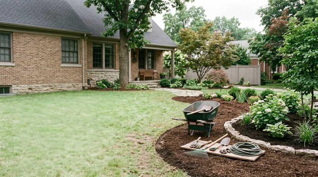 Organized landscaping job site in a San Antonio yard with tools staged and work paused.
