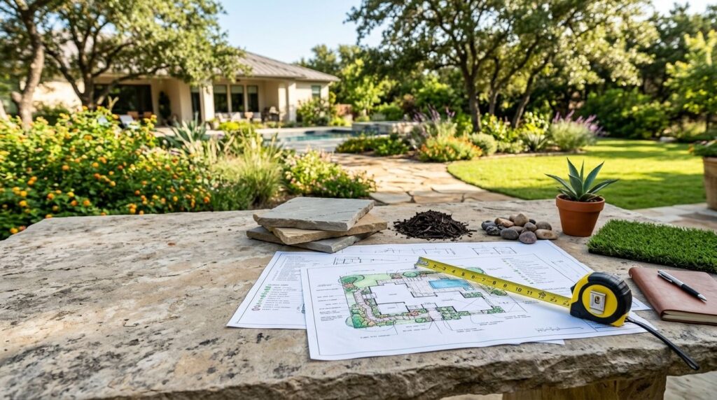 Landscape design plans and material samples next to a residential yard in San Antonio.