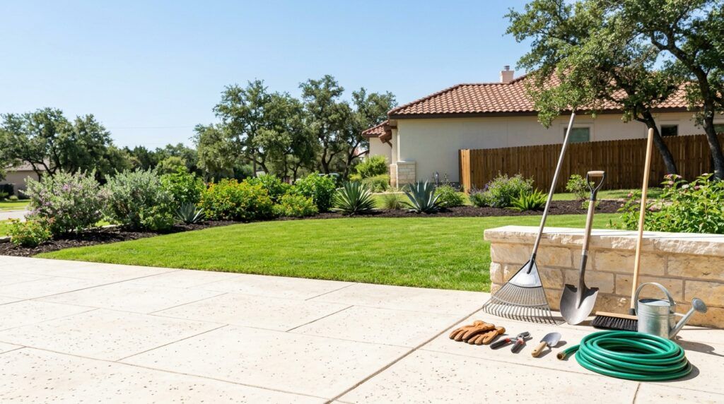 Protected landscaping work area in a San Antonio yard with driveway and utilities safeguarded.