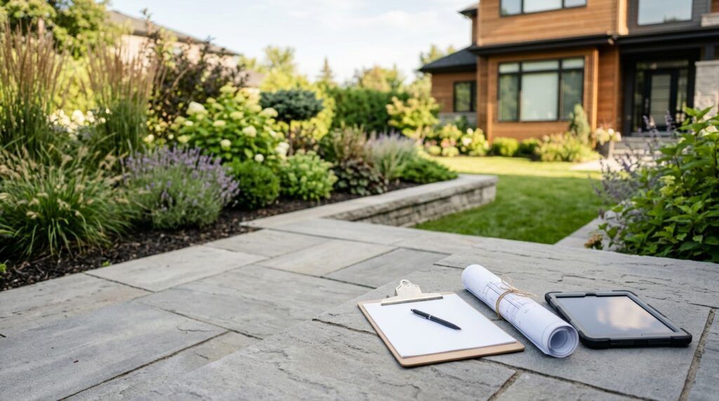 Landscaping project planning materials on a patio beside a finished residential yard in San Antonio.