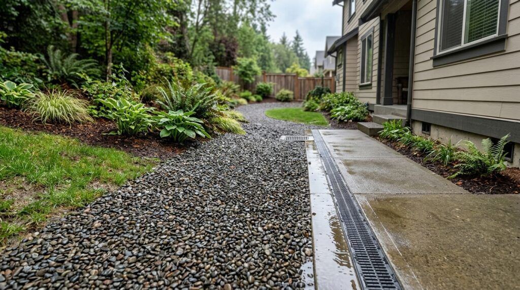 Residential yard drainage system directing water away from a San Antonio home.