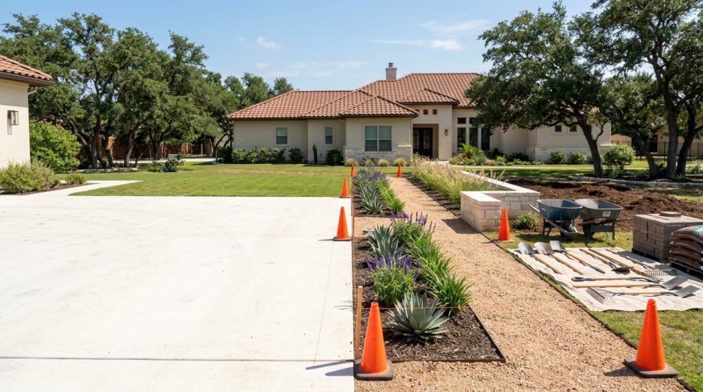 Well-organized landscaping project in a San Antonio residential yard with defined work areas.