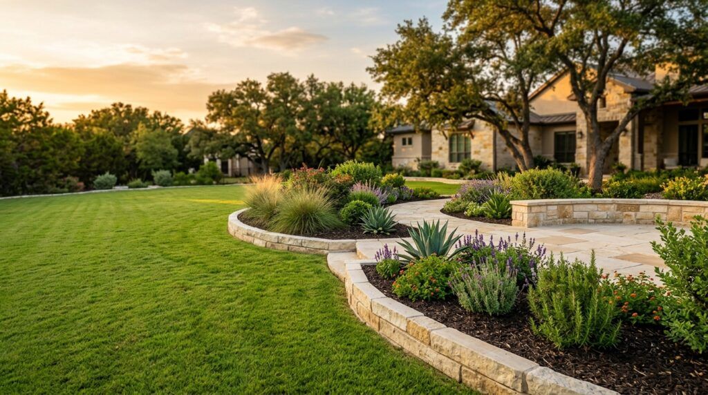 Completed high-quality landscaping project with lawn, stone borders, and plants in San Antonio.