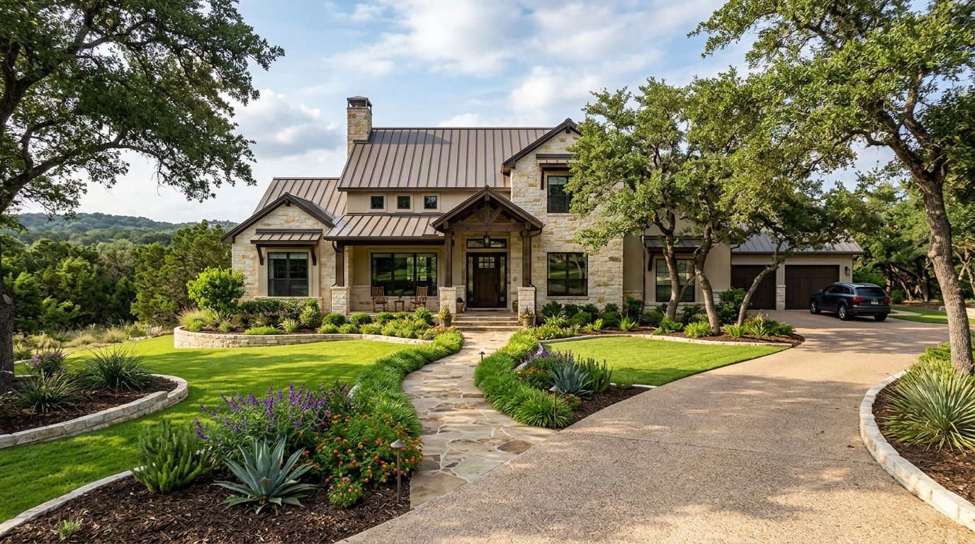 Completed landscape installation with stone edging, native plant beds, and refined curb appeal