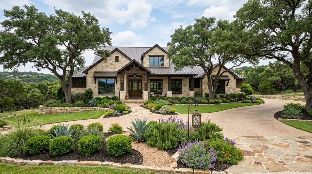 Leon Springs upscale Hill Country home landscape installation with native plants, stone edging, fresh mulch