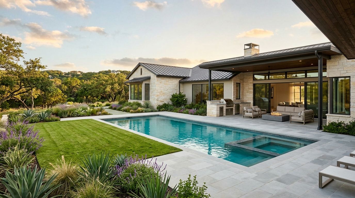 Leon Valley luxury Texas home with professional landscape installation, manicured lawn, stone edging, shrubs