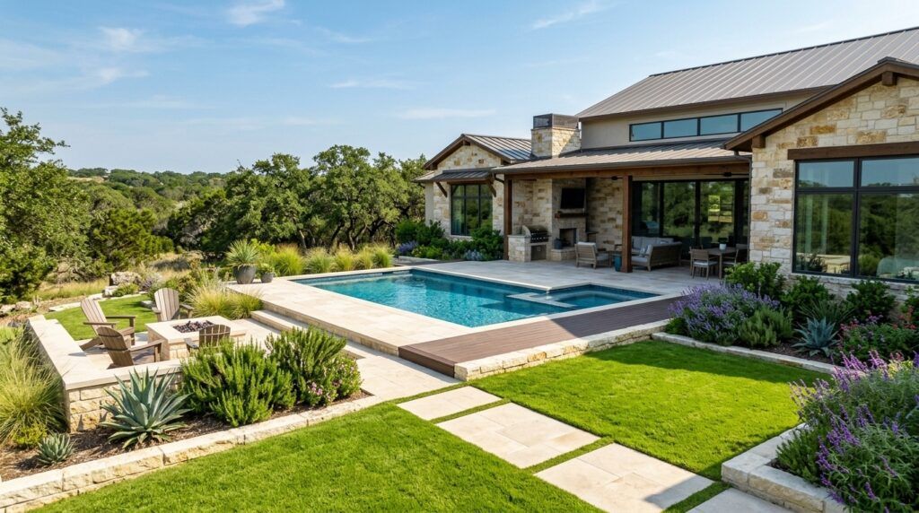 Leon Valley luxury home landscape installation with stone edging, mulched beds, shrubs, and pathway lighting