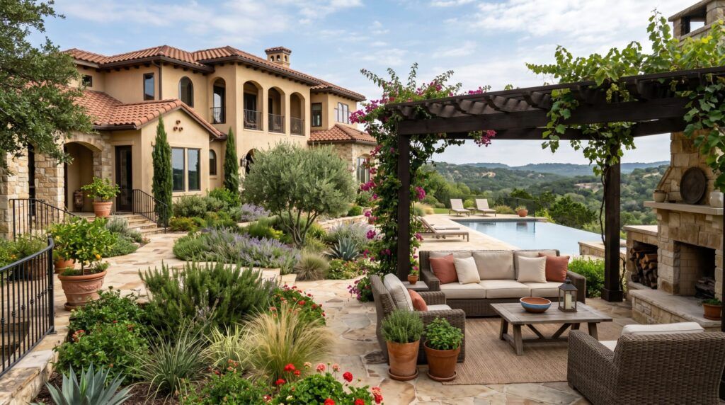 Mediterranean Tuscan backyard seating with stone patio, layered planting beds, olive shrubs and terracotta accents