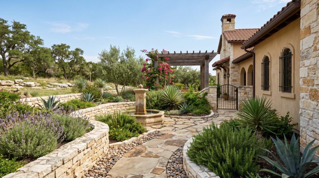 Mediterranean Tuscan garden detail with rustic stone wall, terracotta pots, gravel path, drought-tolerant herbs