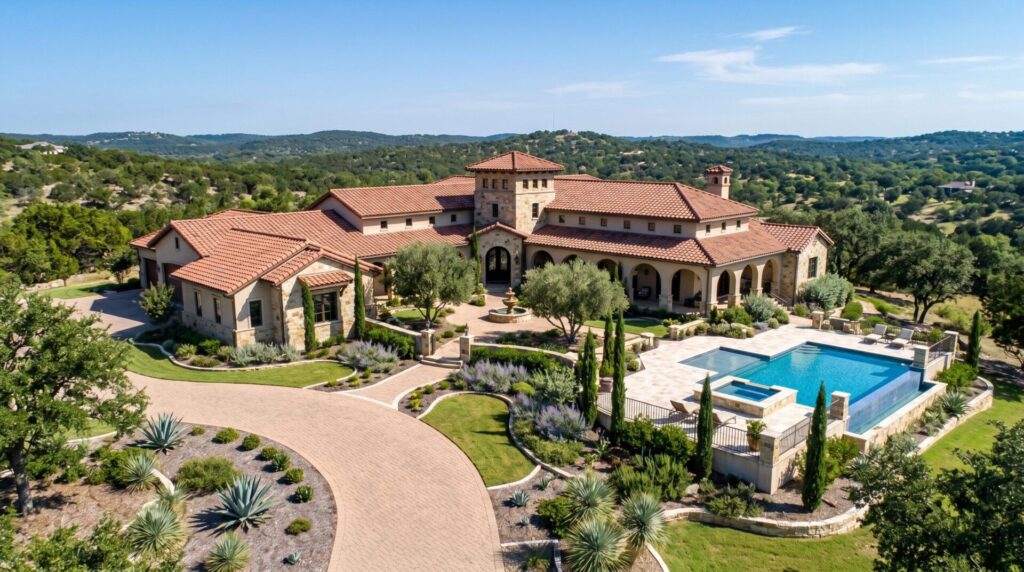 Mediterranean Tuscan landscape layout with terracotta patio, gravel paths, olive trees, and drought-tolerant shrubs