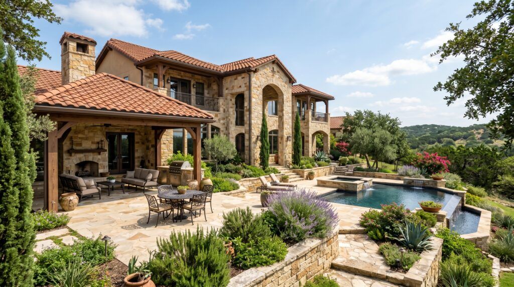 Tuscan stone patio landscape design with limestone, gravel paths, agave and shrubs for xeriscape drought-tolerant landscaping.