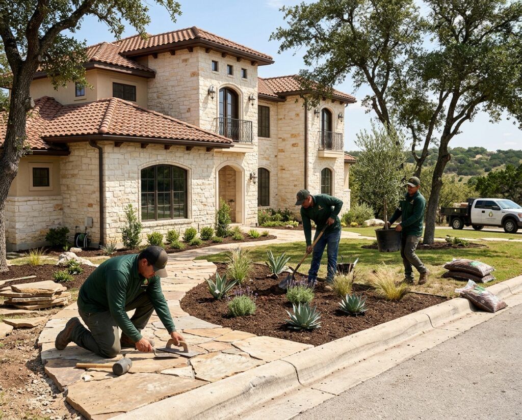 Landscapers plant agave and gravel beds in a Tuscan patio xeriscape landscape installation for drought-tolerant landscaping.