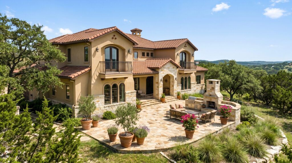 Mediterranean Tuscan stone patio with terracotta pavers, lush shrubs, olive trees and gravel borders