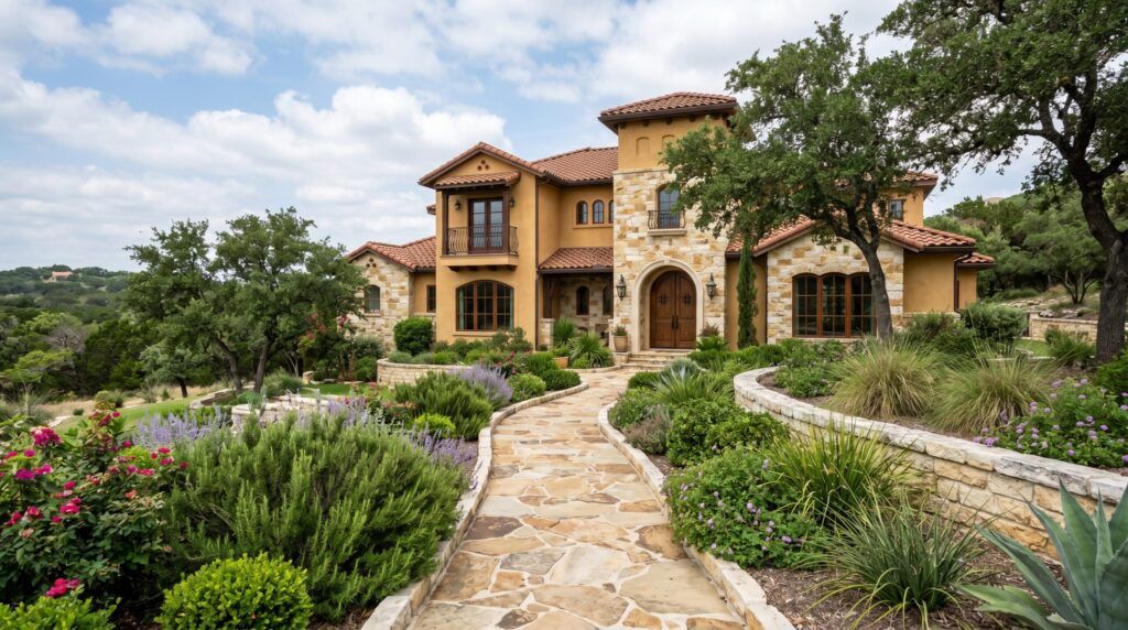 Mediterranean Tuscan stone walkway bordered by manicured shrubs and natural rock edging in a warm courtyard garden