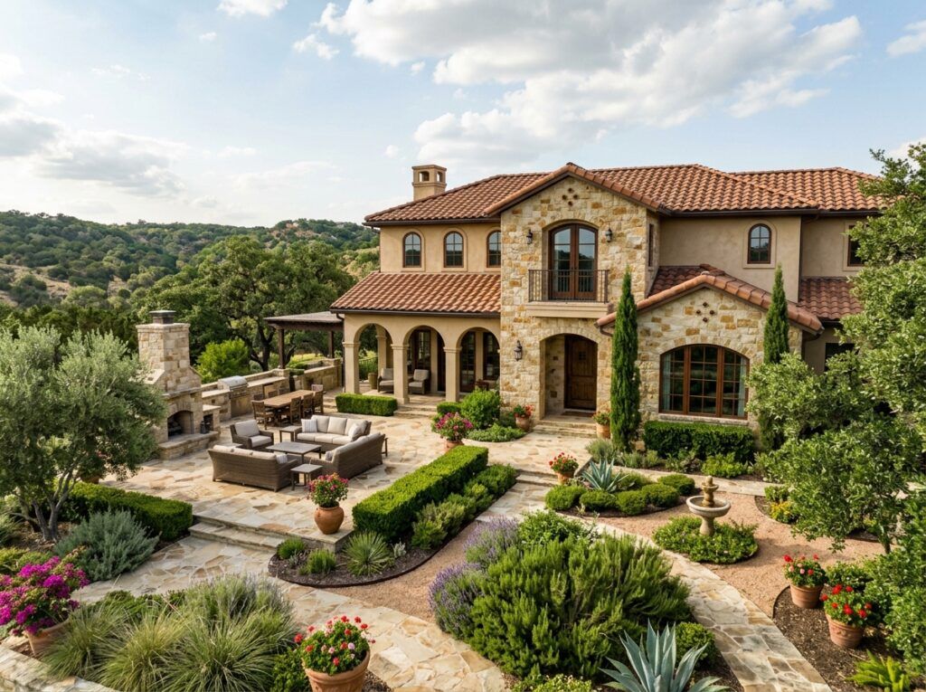 After xeriscape landscape design with Tuscan plants and stone edging, showcasing drought-tolerant landscaping.
