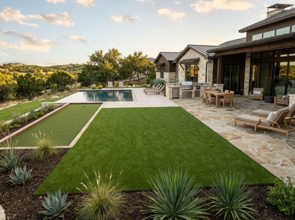 Installers lay Multiuse Flex Turf artificial turf in a San Antonio, TX yard with seam work and edging.
