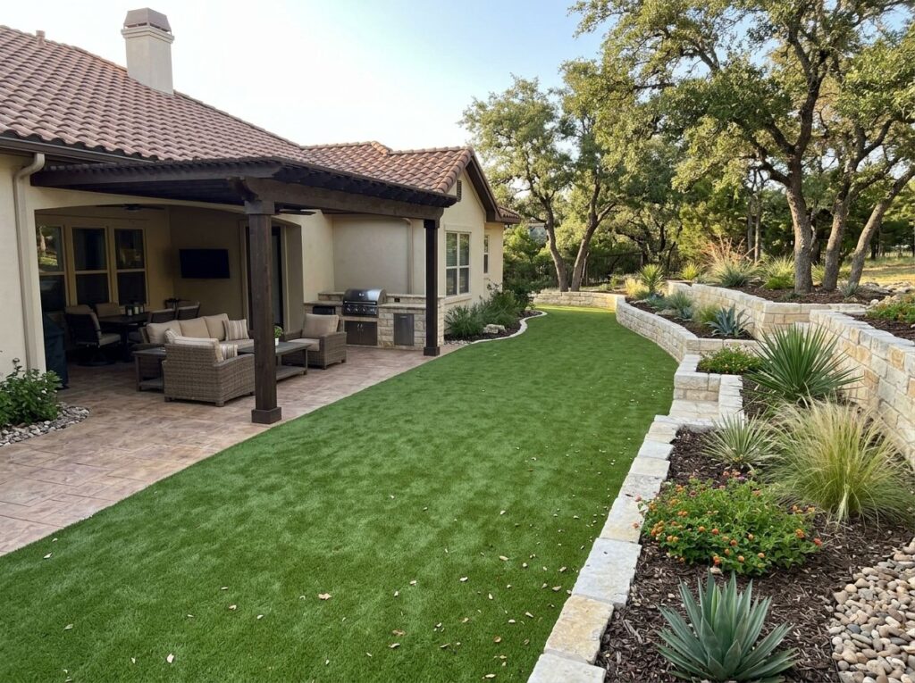 Multiuse Flex Turf artificial turf installed in a San Antonio, TX backyard, fresh green surface laid and trimmed.