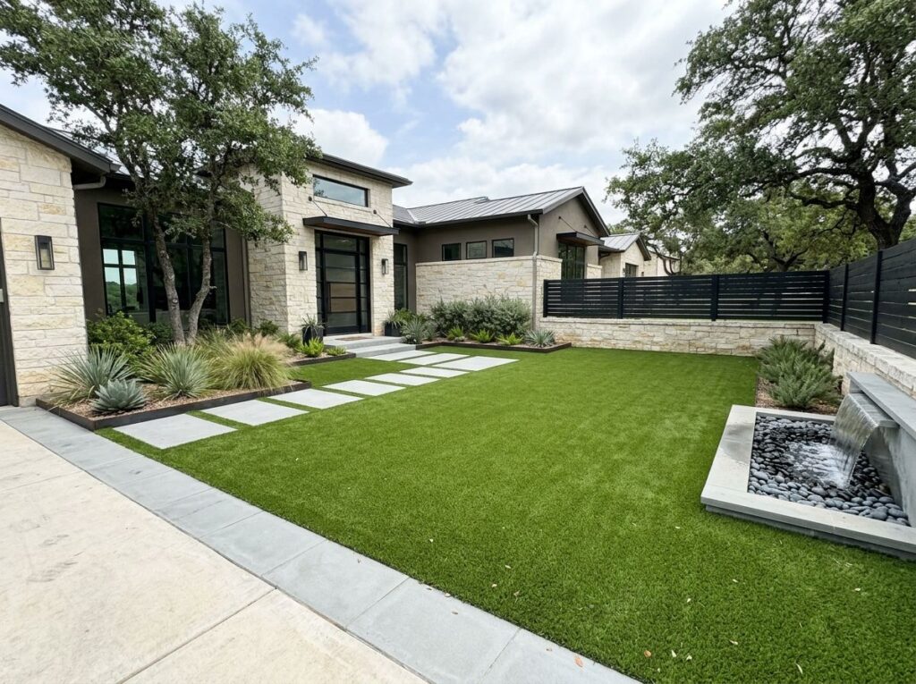 Multiuse Flex Turf artificial turf installed in a San Antonio, TX backyard, showing fresh green lawn edging.