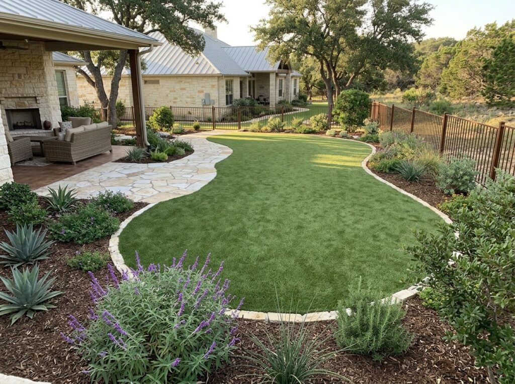 Multiuse Flex Turf artificial turf installed on a backyard patio area in San Antonio, TX