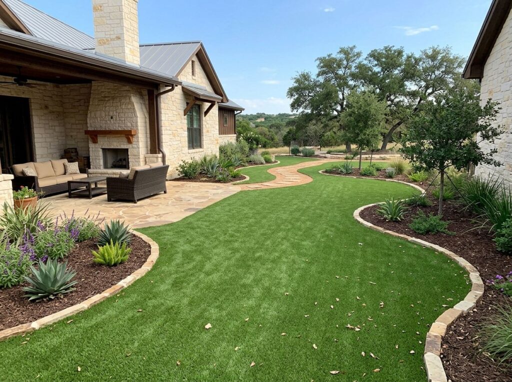 Multiuse Flex Turf artificial turf installed in a San Antonio, TX yard with workers laying and smoothing seams.