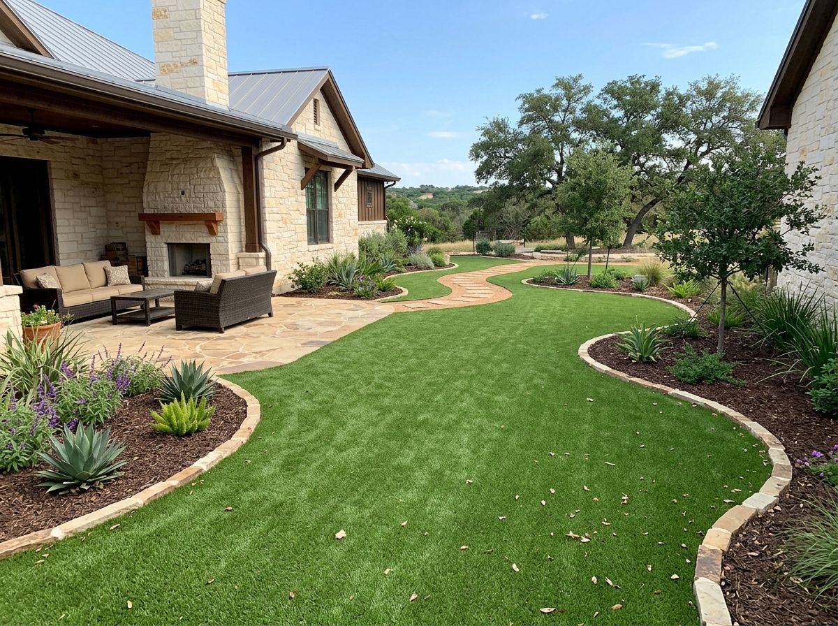 Multiuse Flex Turf artificial turf installed in a San Antonio, TX yard with workers laying and smoothing seams.