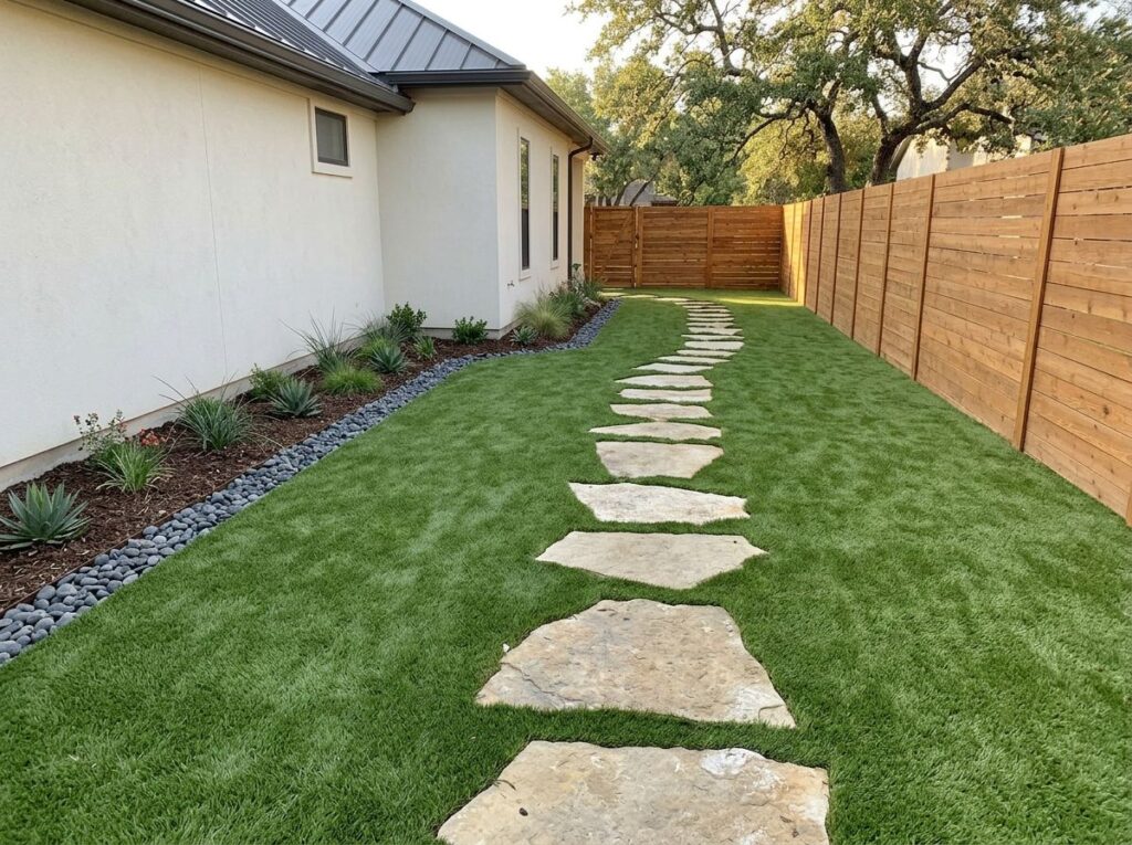 Multiuse Flex Turf artificial turf installed on backyard patio in San Antonio, TX, workers smoothing seams