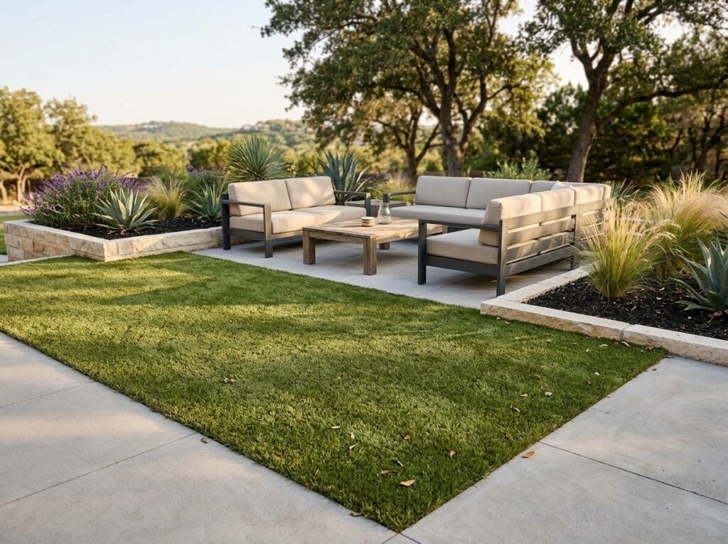 Multiuse Flex Turf artificial turf installed in San Antonio, TX, showing crews rolling out green turf on yard.