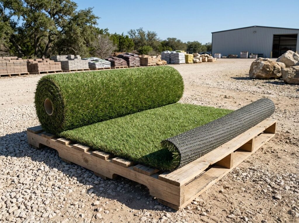 Multiuse Flex Turf artificial turf being installed in San Antonio, TX, with workers rolling out and trimming edges.