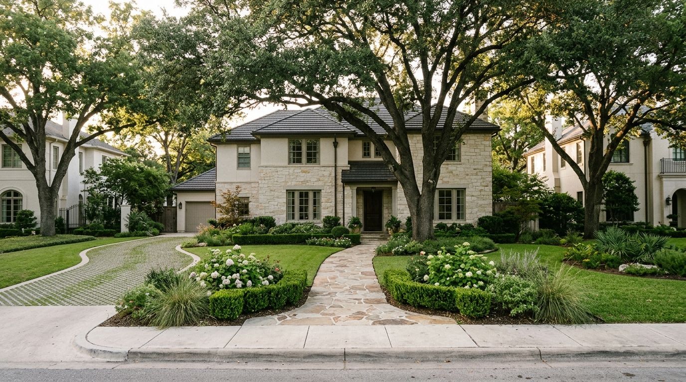 Olmos Park historic luxury home with elegant front landscape installation, lush beds and stone edging