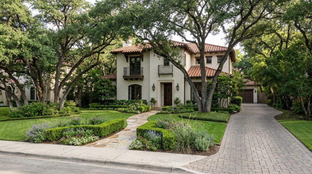 Olmos Park luxury home front landscape installation with stone walkway, manicured lawn, shrubs and lighting