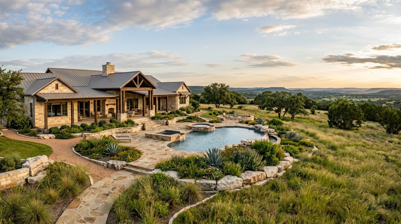 Pipe Creek ranch-style Hill Country home landscape installation with stone walkway and native plants