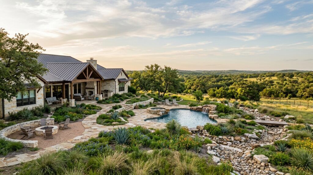 Pipe Creek ranch-style Hill Country luxury home with completed landscape installation, stone beds and native plants