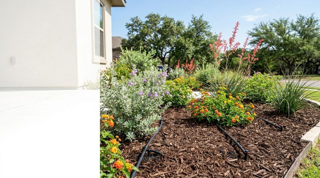 Healthy landscape plants with mulch and drip irrigation in a San Antonio yard.