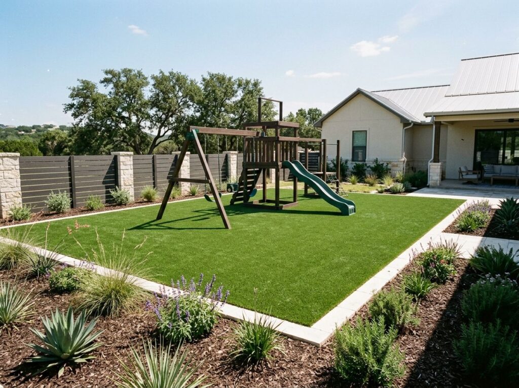 Playzone Supreme Turf artificial turf installed in a backyard play area in San Antonio, TX.