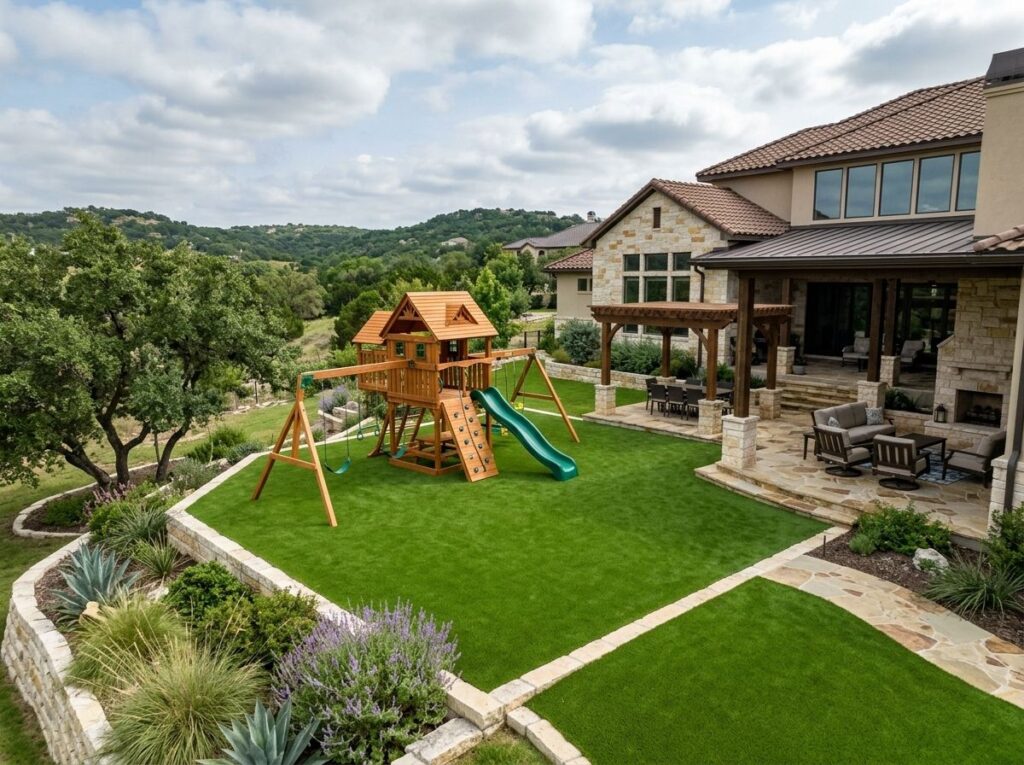 Playzone Supreme Turf artificial turf installed in a backyard play area in San Antonio, TX, with workers smoothing seams.
