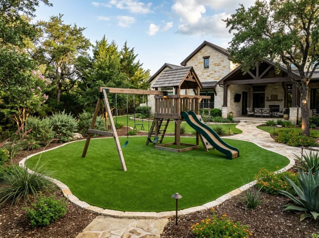 PlayZone Supreme Turf artificial turf being installed in a San Antonio, TX backyard play area.