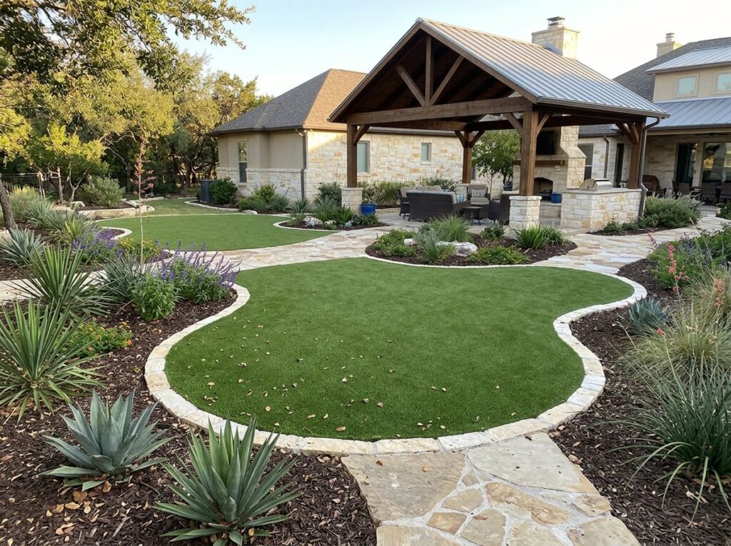Workers install Playzone Supreme Turf artificial turf in a San Antonio, TX backyard play area, smoothing seams.