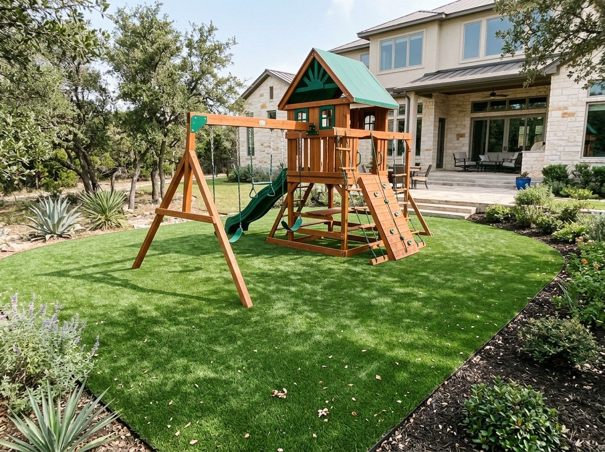 Playzone Supreme Turf artificial turf installed in a San Antonio, TX backyard play area with clean edging.