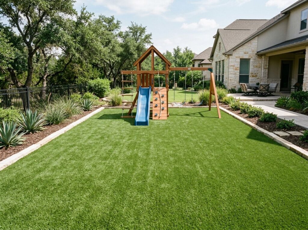 Crew installs Playzone Supreme Turf artificial turf in San Antonio, TX playground area.