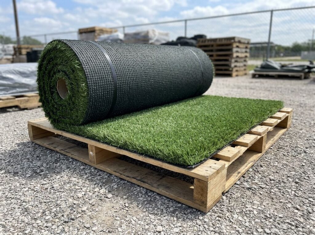Playzone Supreme Turf artificial turf installed in a San Antonio, TX yard, workers smoothing seams and edges.